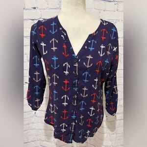 Kiwi Fresh Navy Blue Anchor Pattern Women's Size M Blouse Nautical Rayon